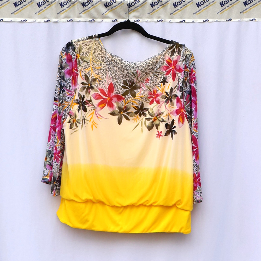 JM Collection Women’s Yellow Floral Top Long Sleeves Size XL